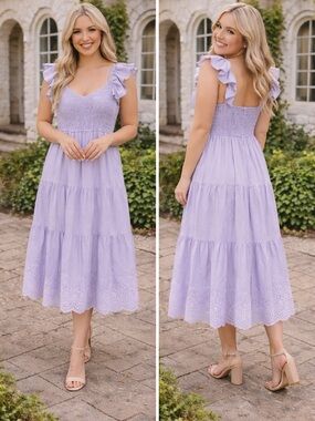 Plus size Lilac lavender purple Ruffle Sleeve Tiered Midi smocked Lap Dress XXL